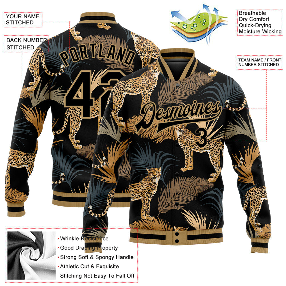 Custom Black Black-Old Gold Tropical Leopard With Palms 3D Pattern Design Bomber Full-Snap Varsity Letterman Jacket view 5