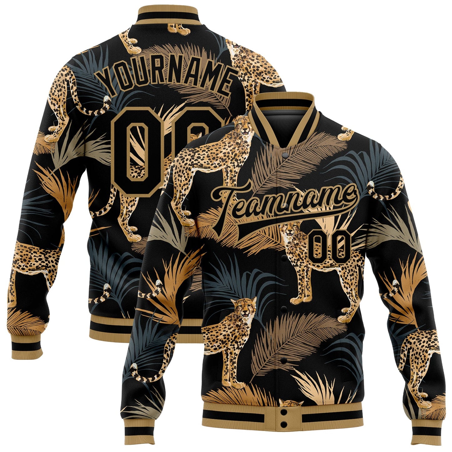 Custom Black Black-Old Gold Tropical Leopard With Palms 3D Pattern Design Bomber Full-Snap Varsity Letterman Jacket - Main View