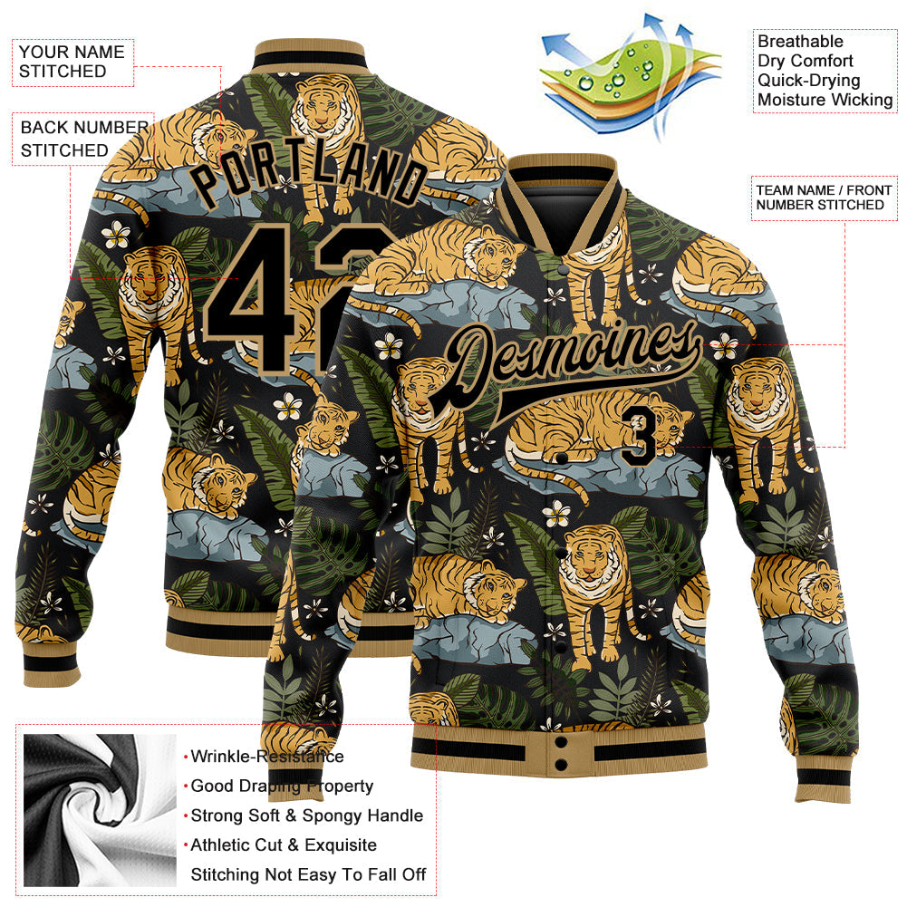Custom Black Black-Old Gold Tropical Tiger With Palms 3D Pattern Design Bomber Full-Snap Varsity Letterman Jacket view 5