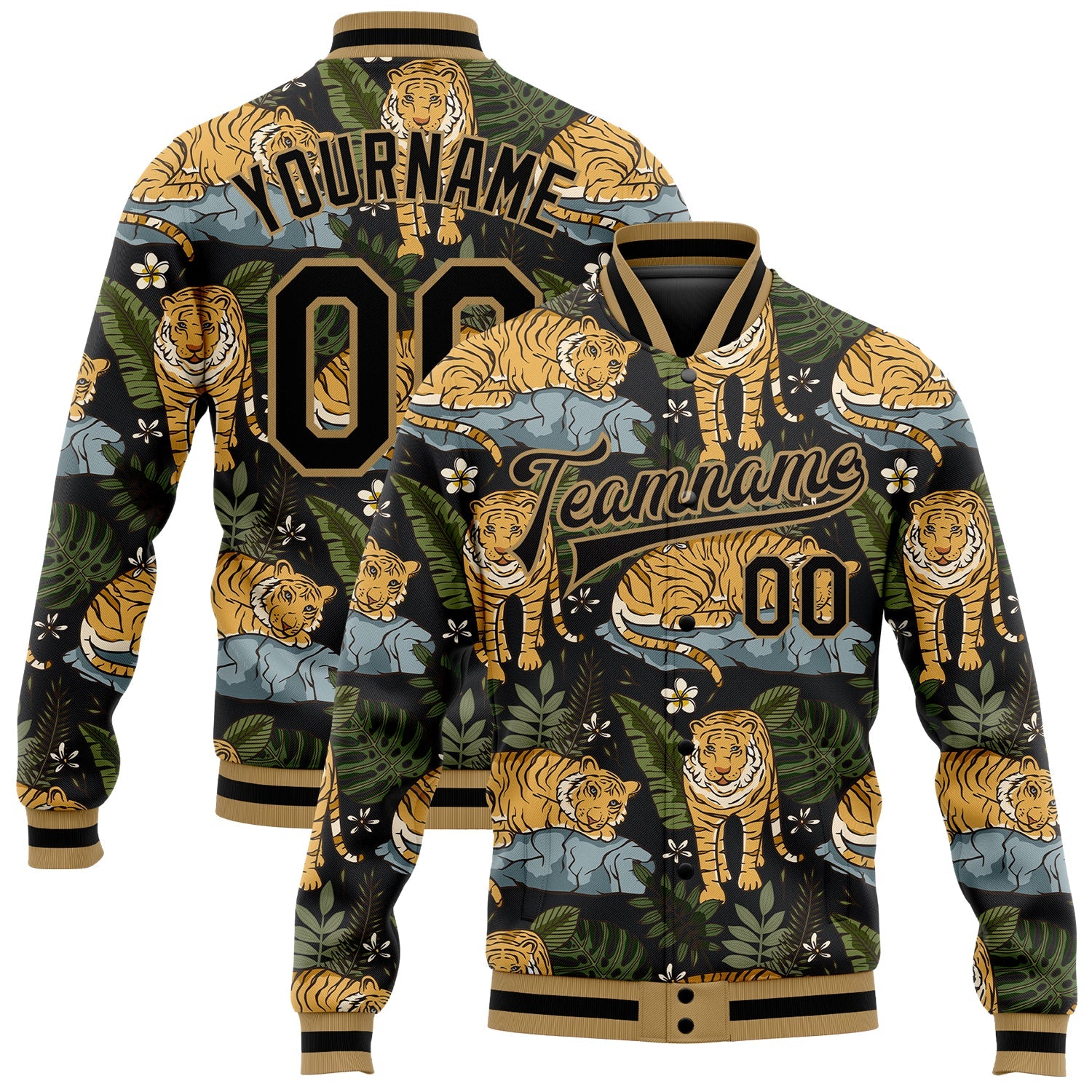 Custom Black Black-Old Gold Tropical Tiger With Palms 3D Pattern Design Bomber Full-Snap Varsity Letterman Jacket - Main View