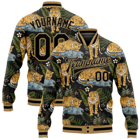 Custom Black Black-Old Gold Tropical Tiger With Palms 3D Pattern Design Bomber Full-Snap Varsity Letterman Jacket - Main View