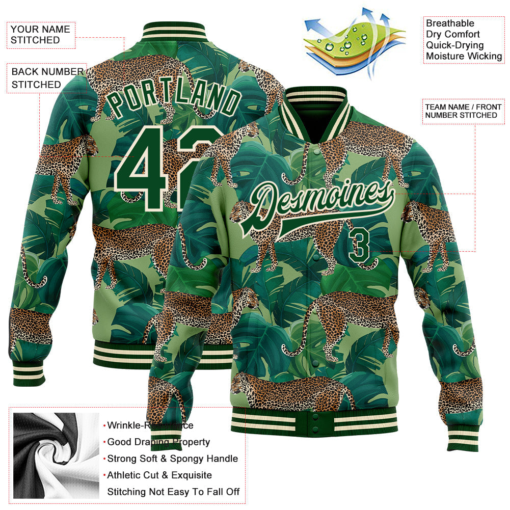 Custom Green Green-Cream Tropical Tiger With Palms 3D Pattern Design Bomber Full-Snap Varsity Letterman Jacket view 5