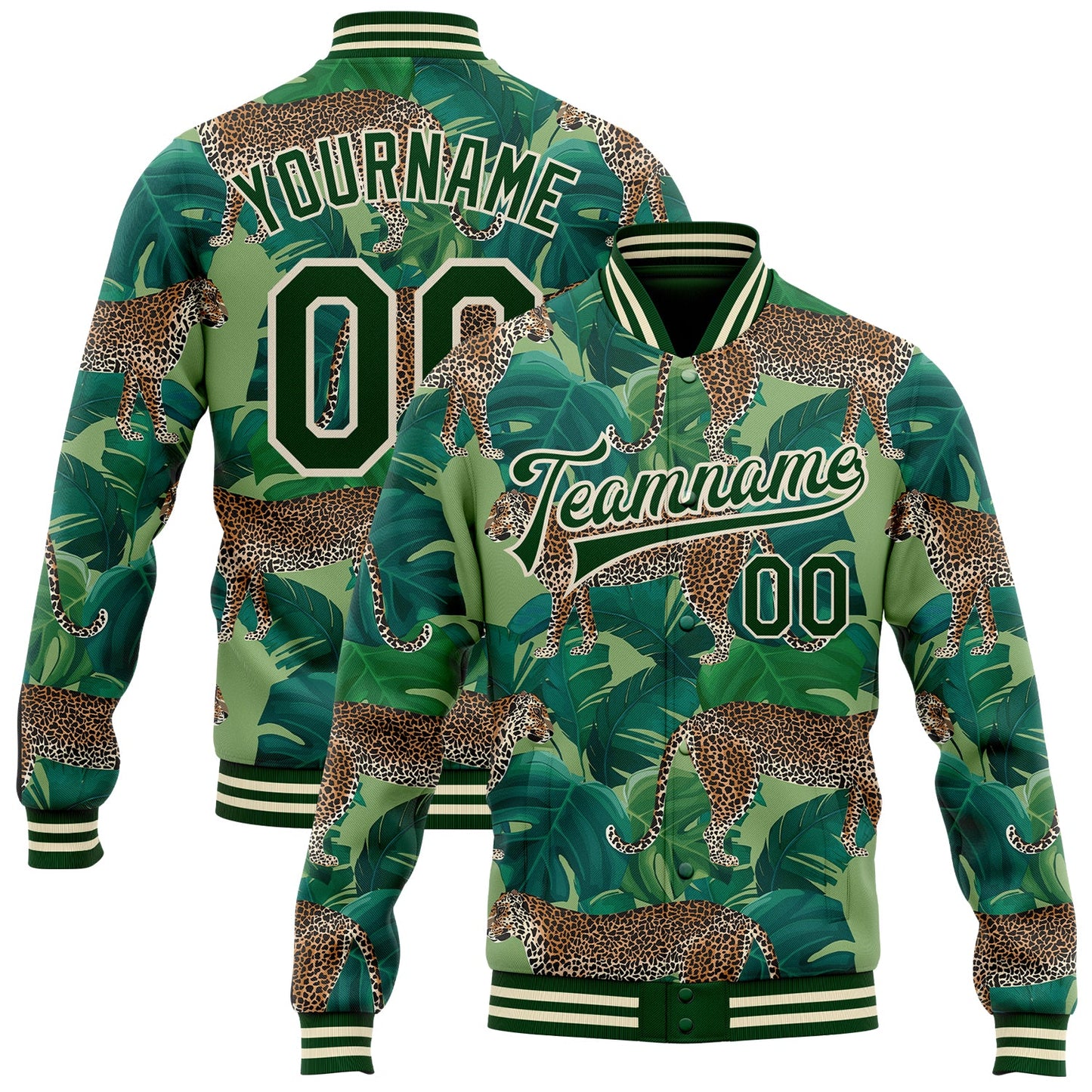 Custom Green Green-Cream Tropical Tiger With Palms 3D Pattern Design Bomber Full-Snap Varsity Letterman Jacket - Main View