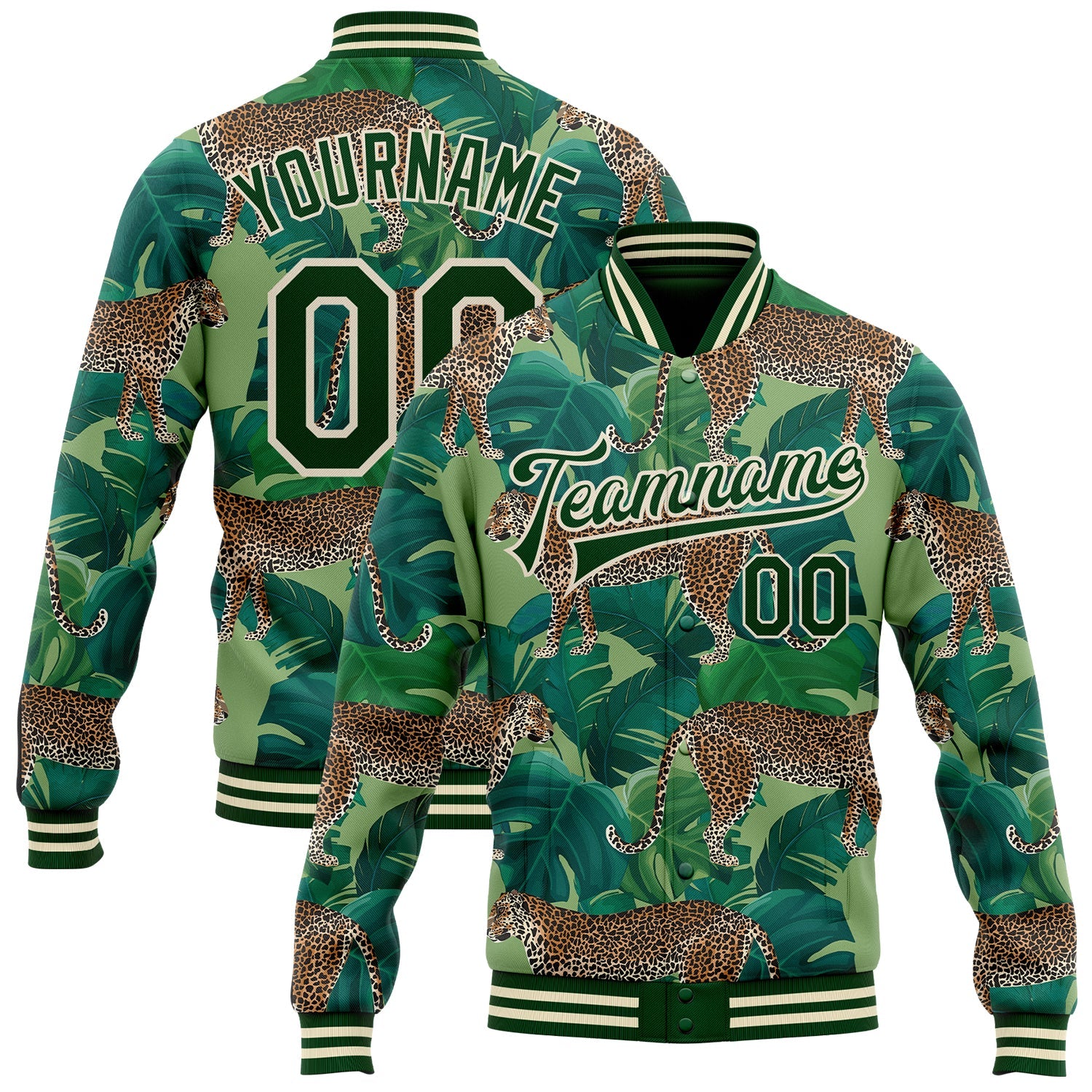 Custom Green Green-Cream Tropical Tiger With Palms 3D Pattern Design Bomber Full-Snap Varsity Letterman Jacket - Main View