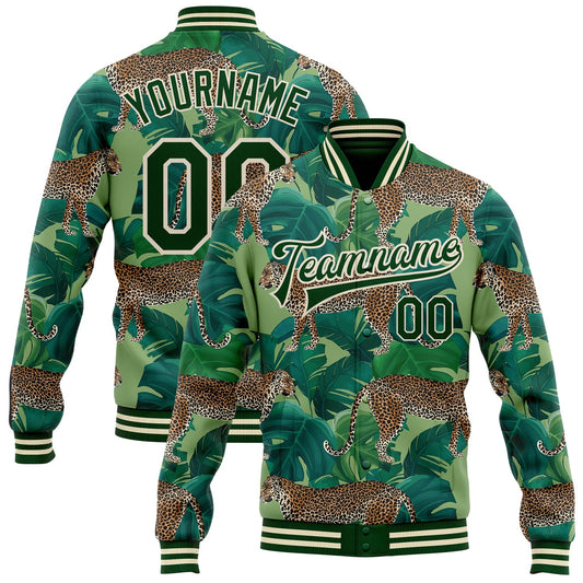 Custom Green Green-Cream Tropical Tiger With Palms 3D Pattern Design Bomber Full-Snap Varsity Letterman Jacket - Main View