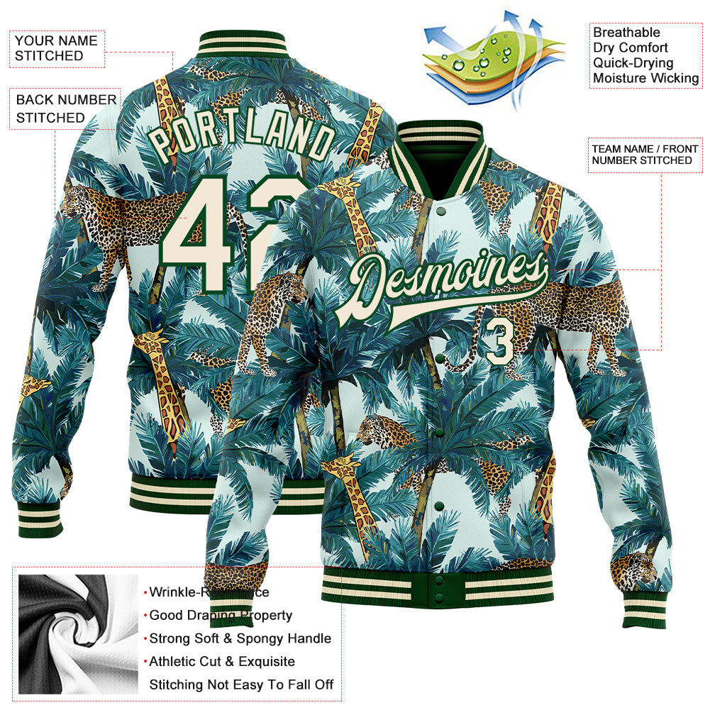 Custom Green Cream Tropical Tiger And Giraffe With Palms 3D Pattern Design Bomber Full-Snap Varsity Letterman Jacket view 5