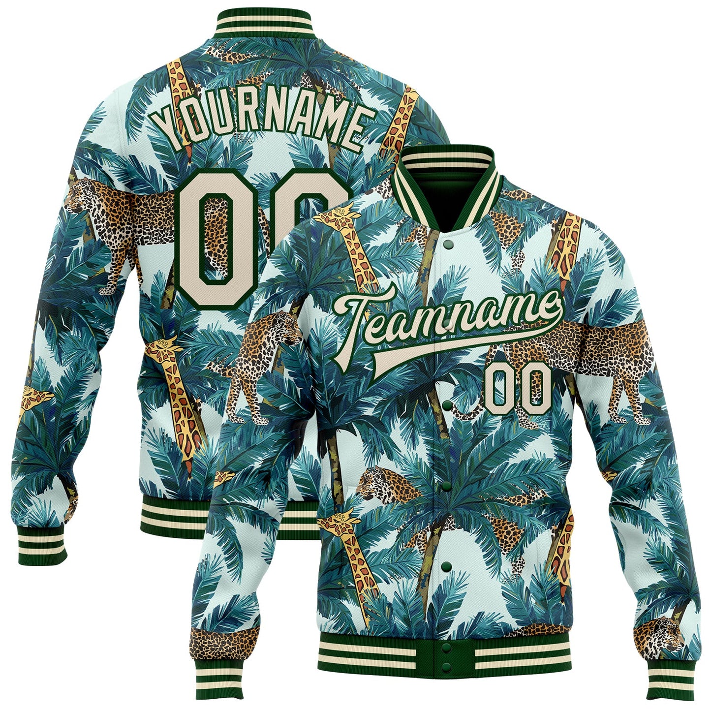 Custom Green Cream Tropical Tiger And Giraffe With Palms 3D Pattern Design Bomber Full-Snap Varsity Letterman Jacket - Main View