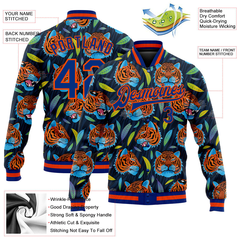 Custom Royal Royal-Orange Red Tiger Head In Colorful Jungle 3D Pattern Design Bomber Full-Snap Varsity Letterman Jacket view 5