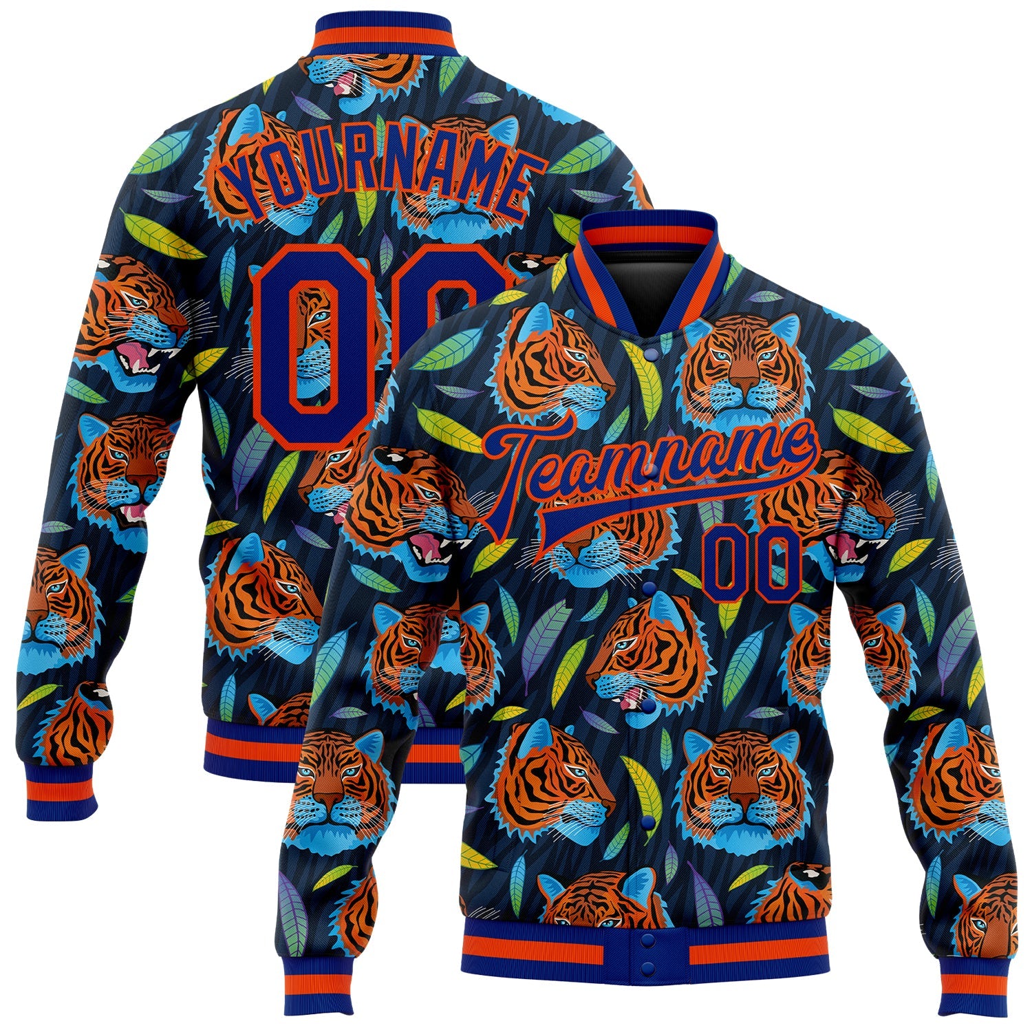 Custom Royal Royal-Orange Red Tiger Head In Colorful Jungle 3D Pattern Design Bomber Full-Snap Varsity Letterman Jacket - Main View