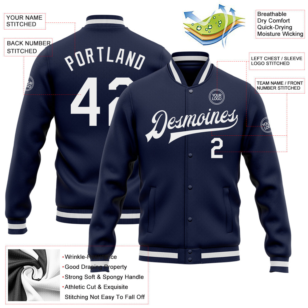 Custom Navy White Bomber Full-Snap Varsity Letterman Jacket view 5