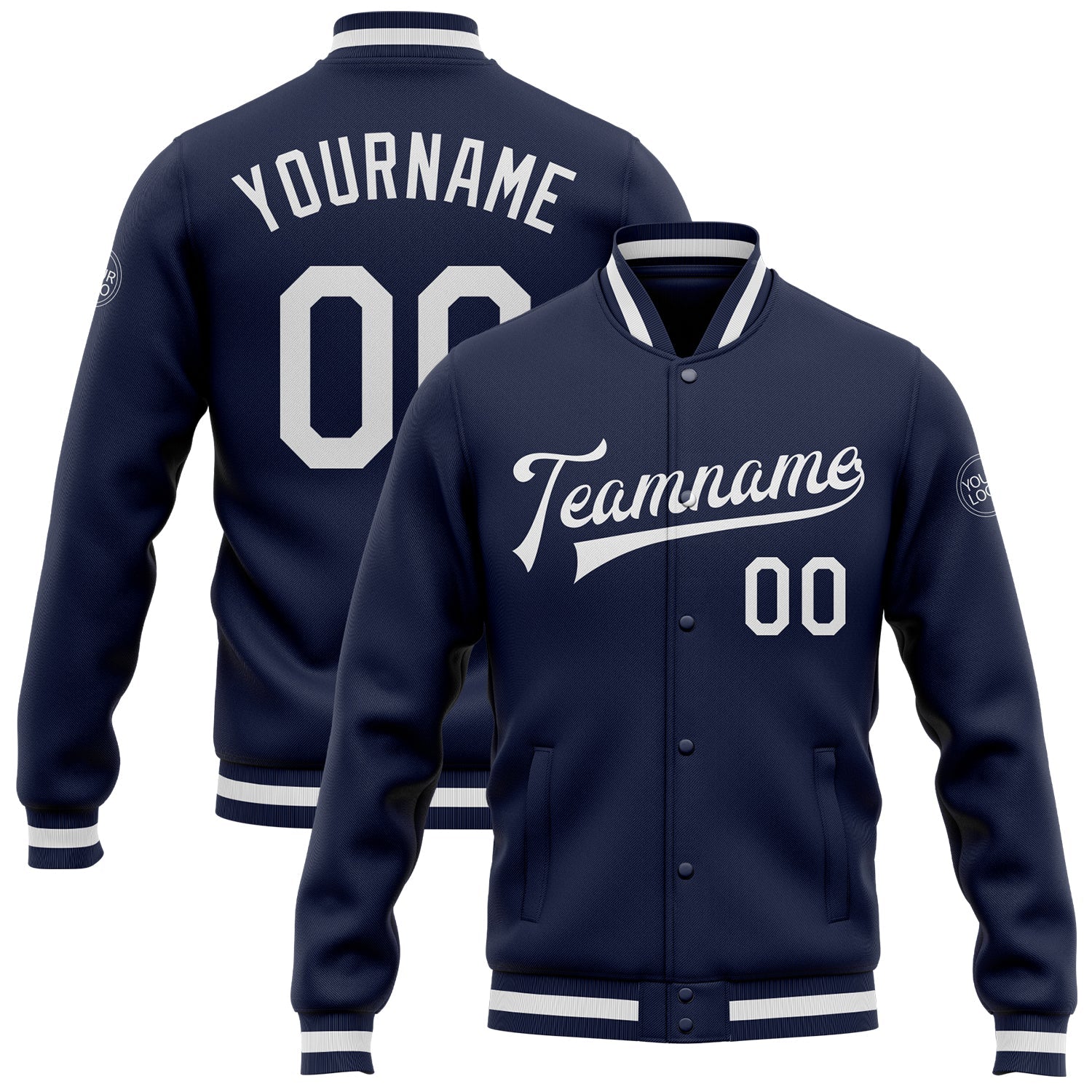 Custom Navy White Bomber Full-Snap Varsity Letterman Jacket - Main View