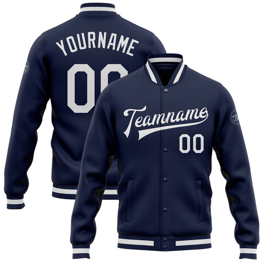 Custom Navy White Bomber Full-Snap Varsity Letterman Jacket - Main View