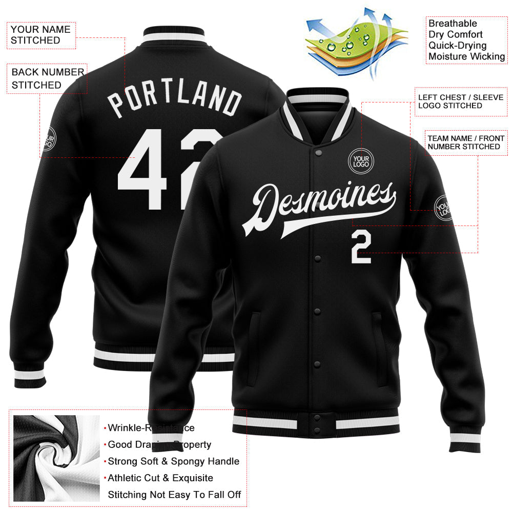 Custom Black White Bomber Full-Snap Varsity Letterman Jacket view 5