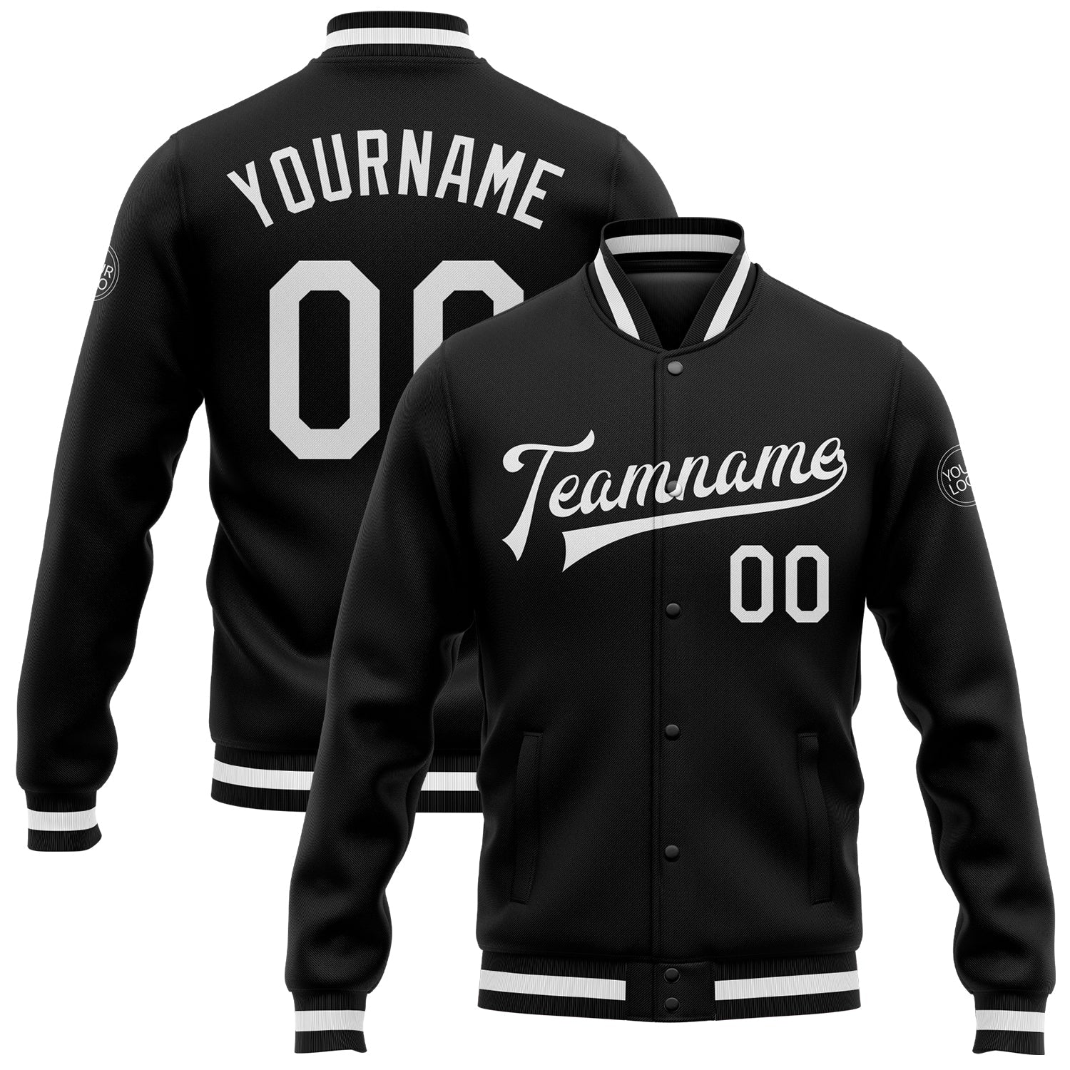 Custom Black White Bomber Full-Snap Varsity Letterman Jacket - Main View