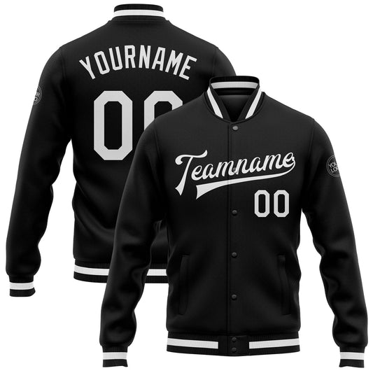 Custom Black White Bomber Full-Snap Varsity Letterman Jacket - Main View
