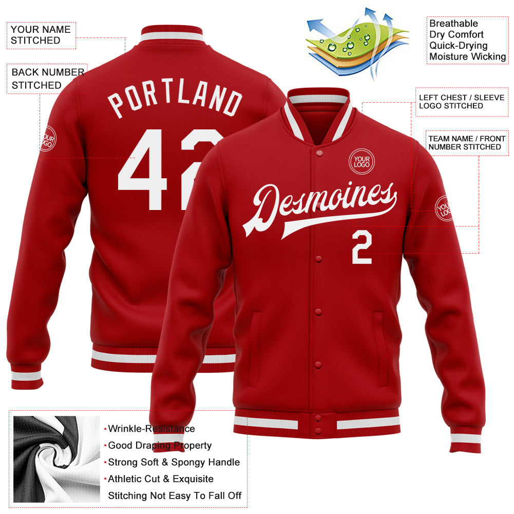 Custom Red White Bomber Full-Snap Varsity Letterman Jacket view 5
