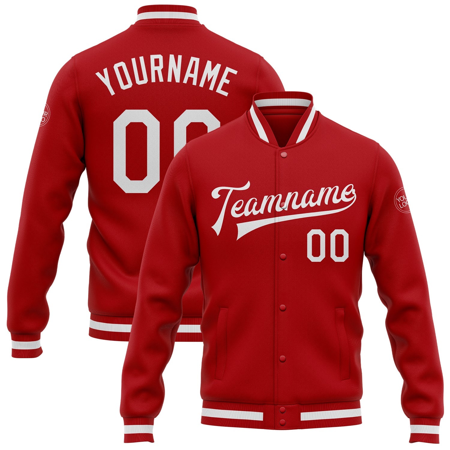 Custom Red White Bomber Full-Snap Varsity Letterman Jacket - Main View