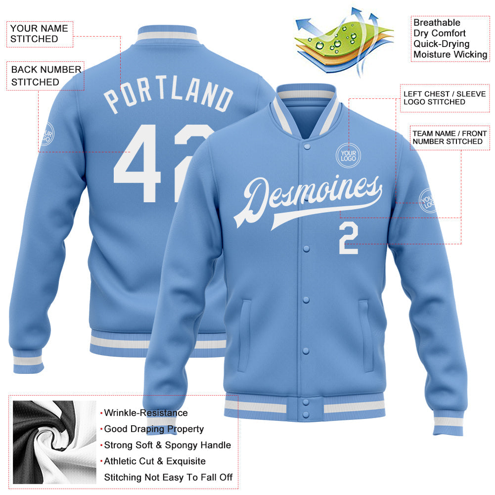 Custom Light Blue White Bomber Full-Snap Varsity Letterman Jacket view 5