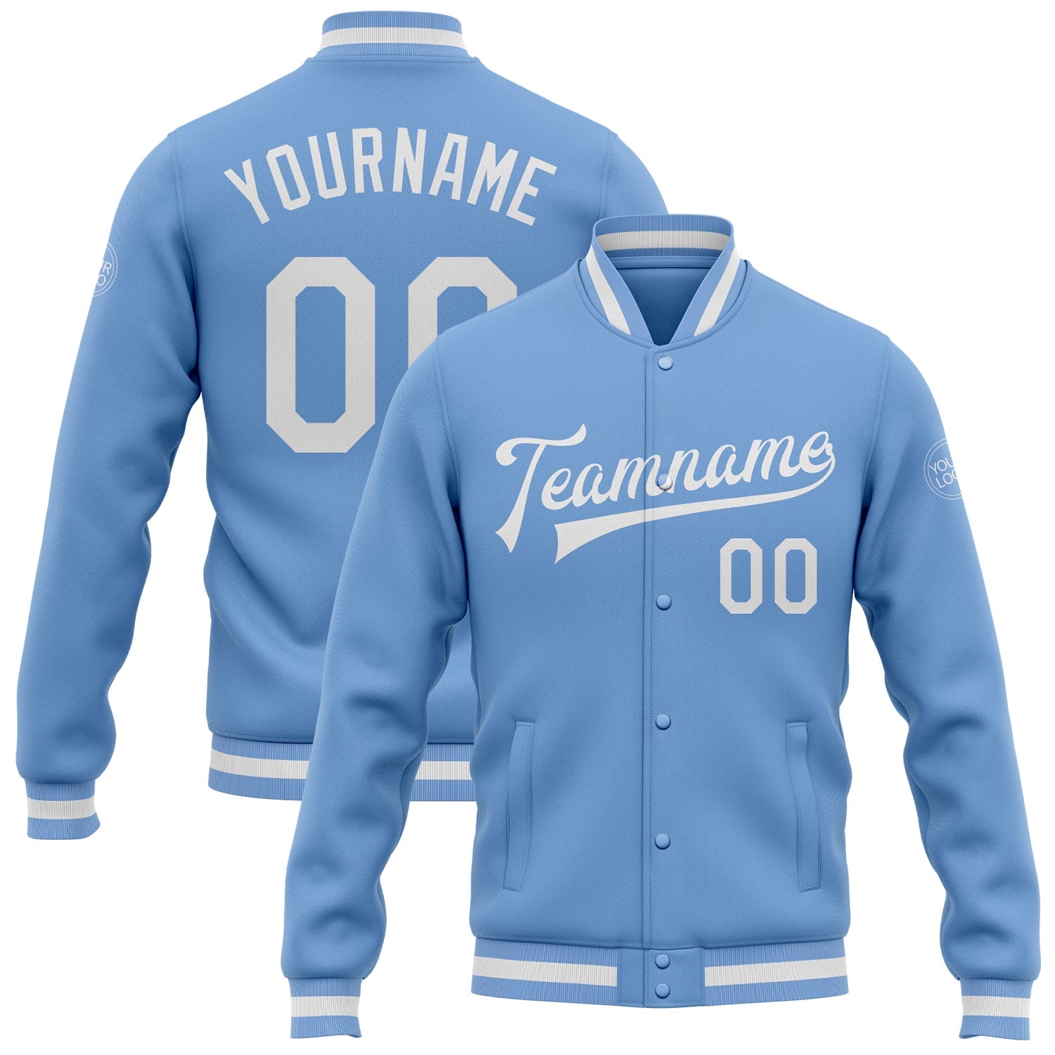 Custom Light Blue White Bomber Full-Snap Varsity Letterman Jacket - Main View