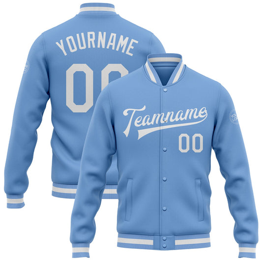 Custom Light Blue White Bomber Full-Snap Varsity Letterman Jacket - Main View