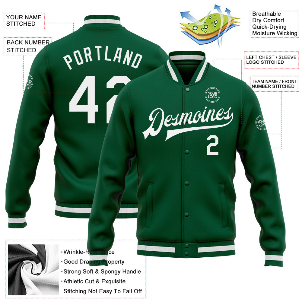 Custom Kelly Green White Bomber Full-Snap Varsity Letterman Jacket view 5