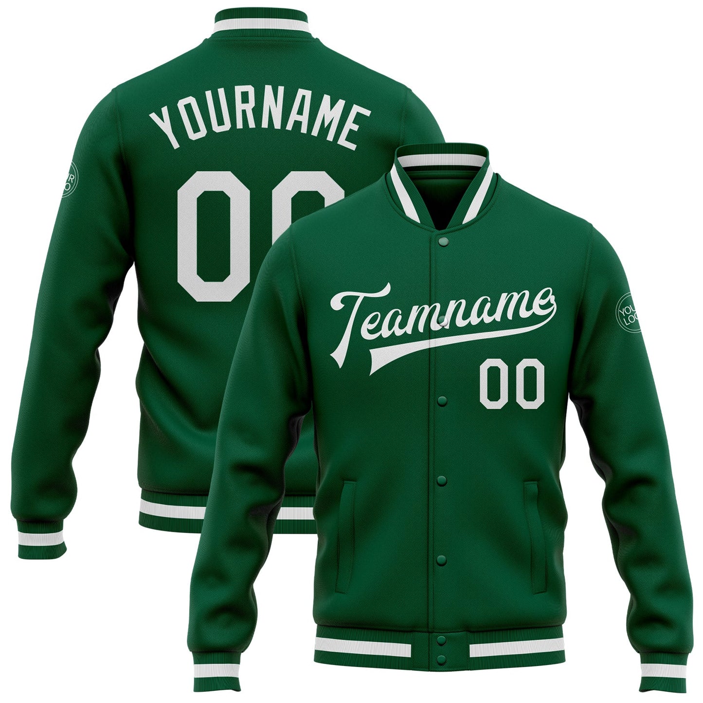 Custom Kelly Green White Bomber Full-Snap Varsity Letterman Jacket - Main View