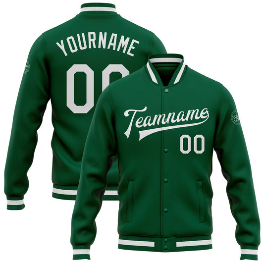 Custom Kelly Green White Bomber Full-Snap Varsity Letterman Jacket - Main View
