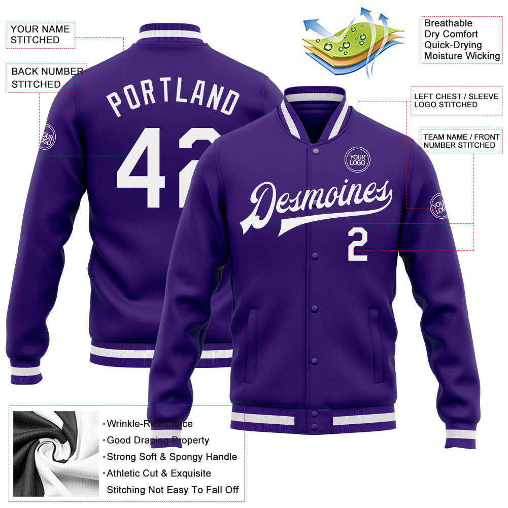 Custom Purple White Bomber Full-Snap Varsity Letterman Jacket view 5