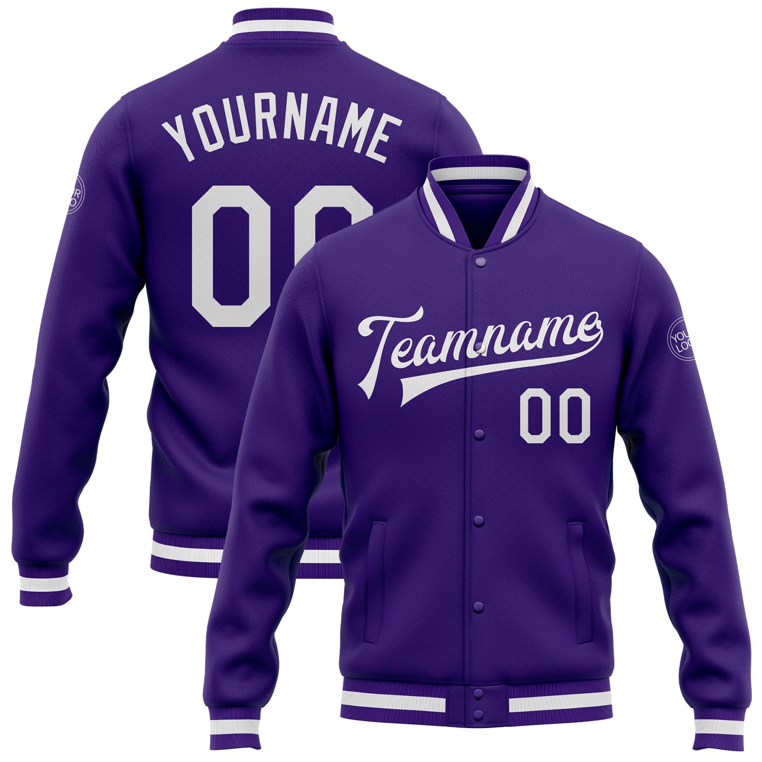 Custom Purple White Bomber Full-Snap Varsity Letterman Jacket - Main View