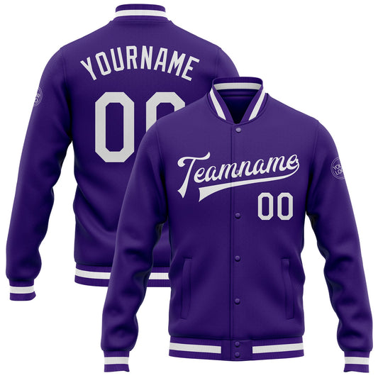 Custom Purple White Bomber Full-Snap Varsity Letterman Jacket - Main View