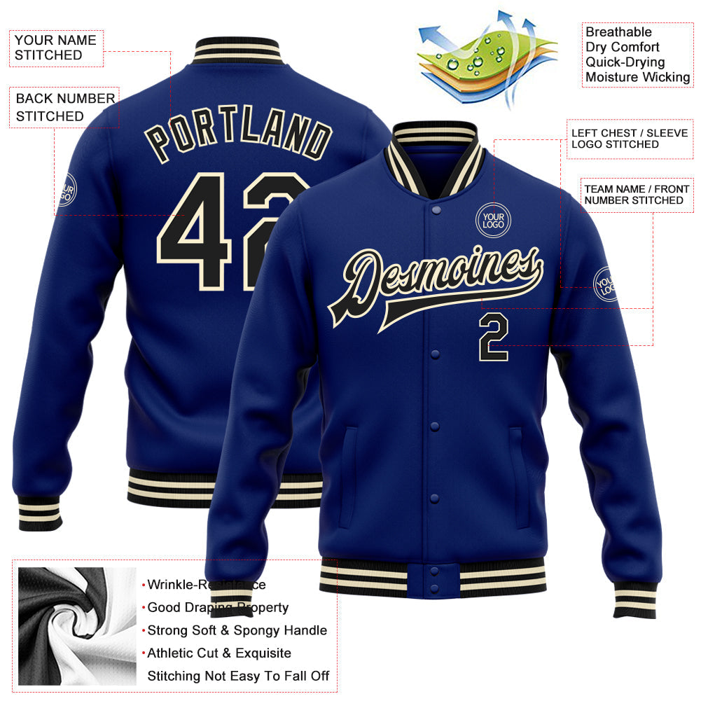 Custom Royal Black-Cream Bomber Full-Snap Varsity Letterman Jacket view 5