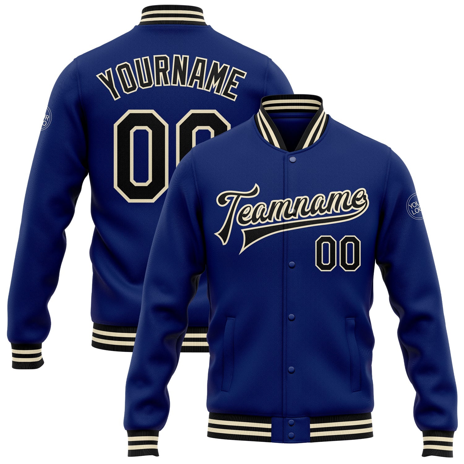 Custom Royal Black-Cream Bomber Full-Snap Varsity Letterman Jacket - Main View