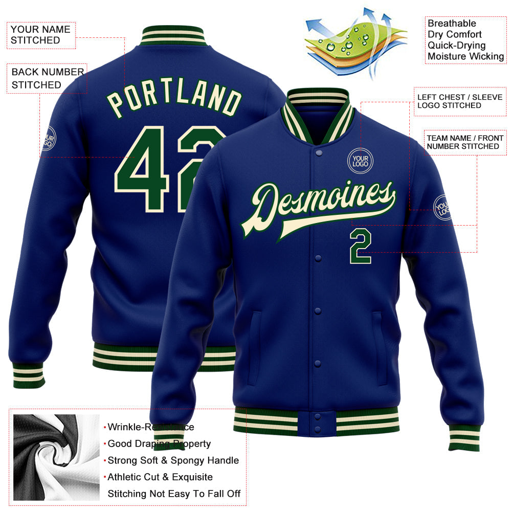 Custom Royal Green-Cream Bomber Full-Snap Varsity Letterman Jacket view 5