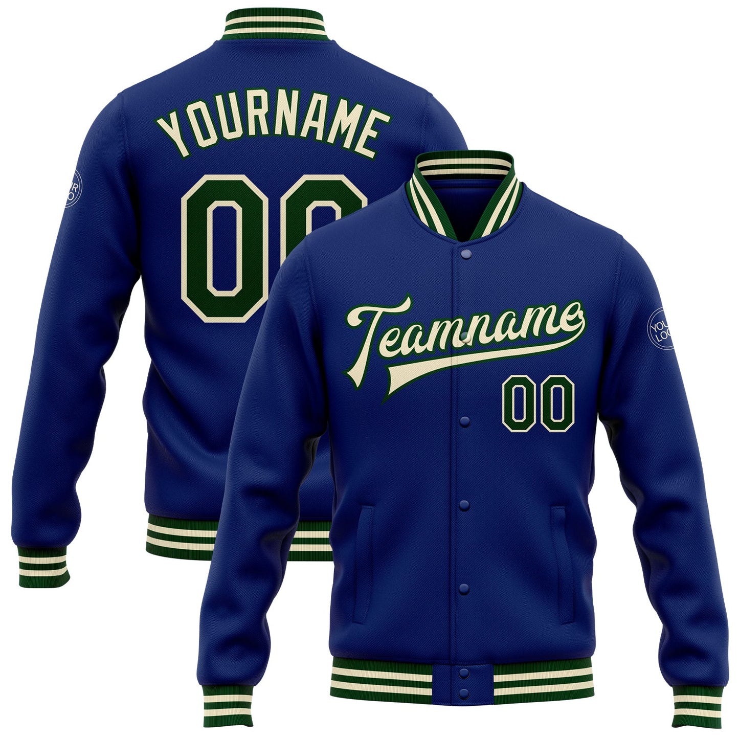 Custom Royal Green-Cream Bomber Full-Snap Varsity Letterman Jacket - Main View
