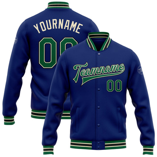 Custom Royal Kelly Green Cream-Black Bomber Full-Snap Varsity Letterman Jacket - Main View