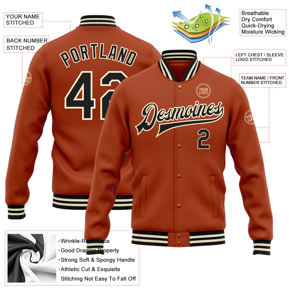 Custom Texas Orange Black-Cream Bomber Full-Snap Varsity Letterman Jacket view 5