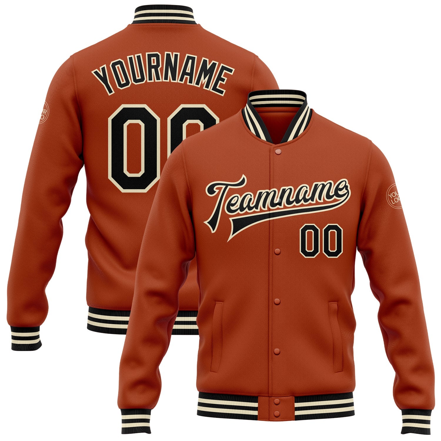 Custom Texas Orange Black-Cream Bomber Full-Snap Varsity Letterman Jacket - Main View