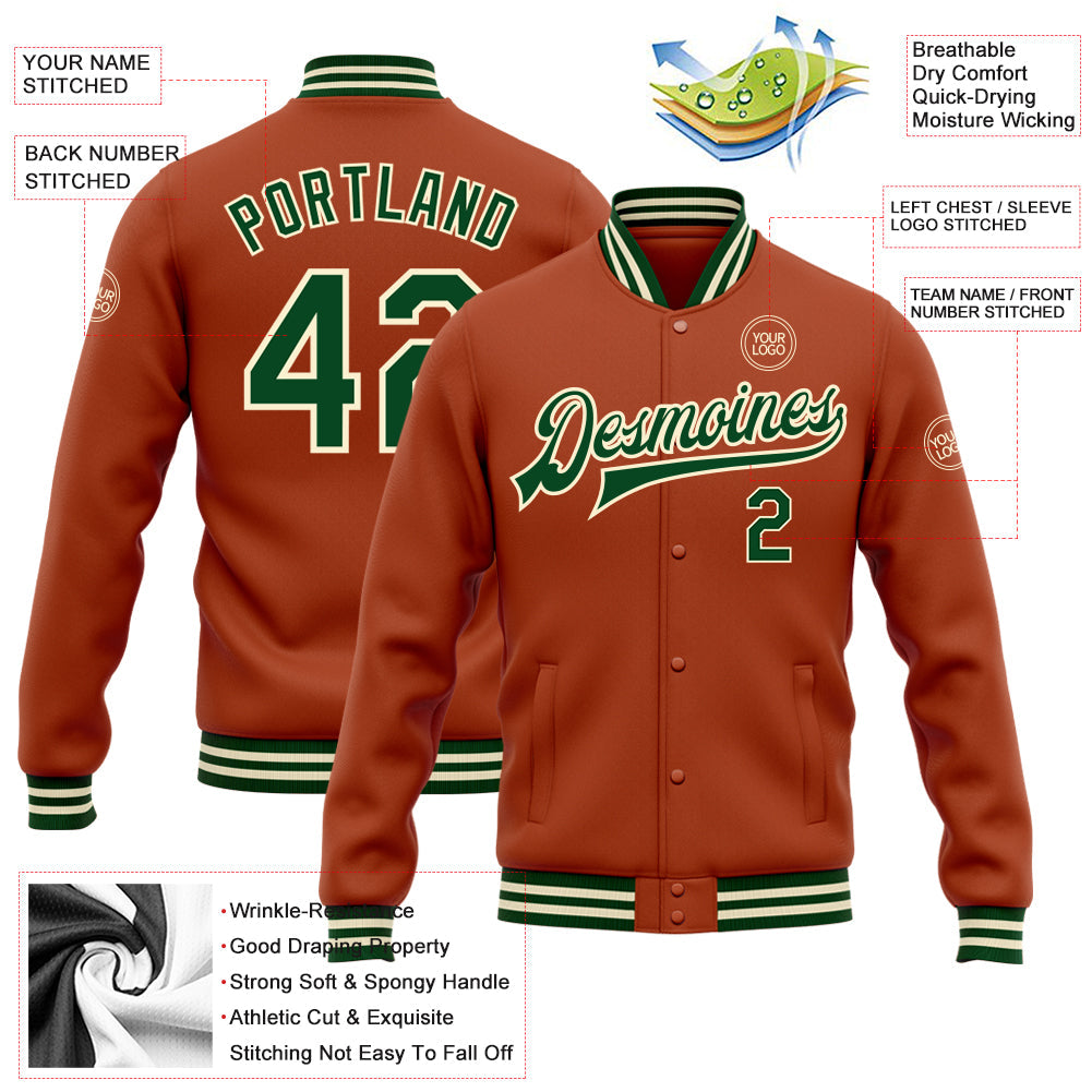 Custom Texas Orange Green-Cream Bomber Full-Snap Varsity Letterman Jacket view 5
