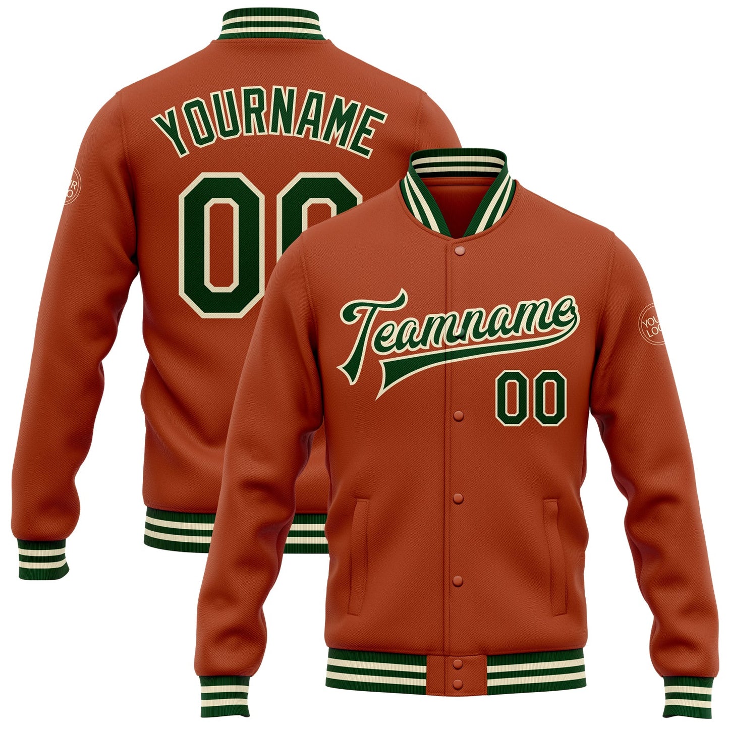 Custom Texas Orange Green-Cream Bomber Full-Snap Varsity Letterman Jacket - Main View