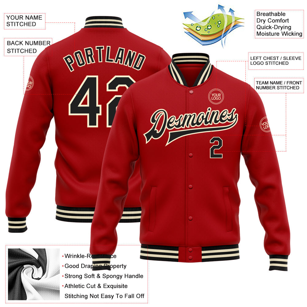 Custom Red Black-Cream Bomber Full-Snap Varsity Letterman Jacket view 5