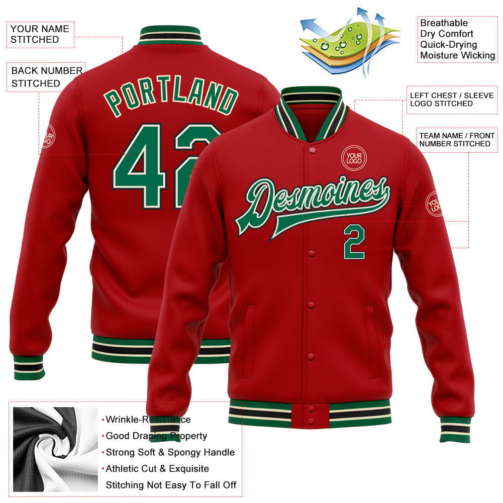 Custom Red Kelly Green Cream-Black Bomber Full-Snap Varsity Letterman Jacket view 5