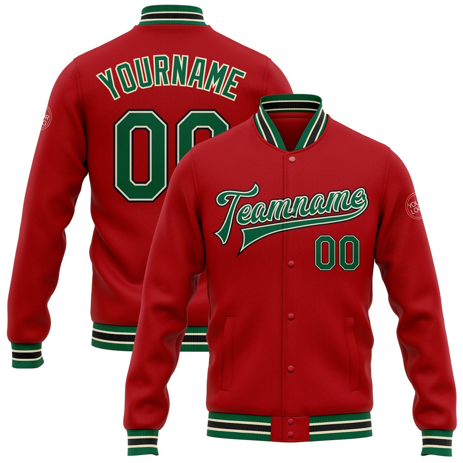 Custom Red Kelly Green Cream-Black Bomber Full-Snap Varsity Letterman Jacket - Main View