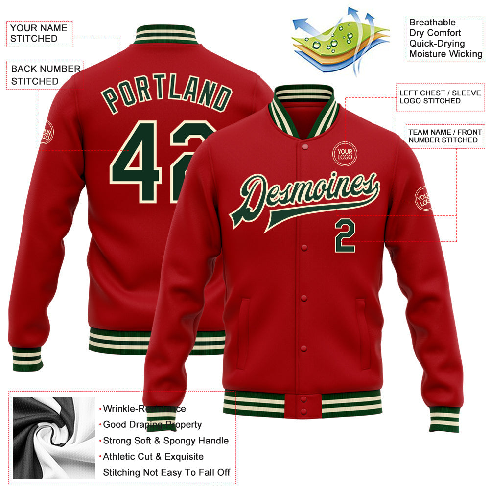 Custom Red Green-Cream Bomber Full-Snap Varsity Letterman Jacket view 5