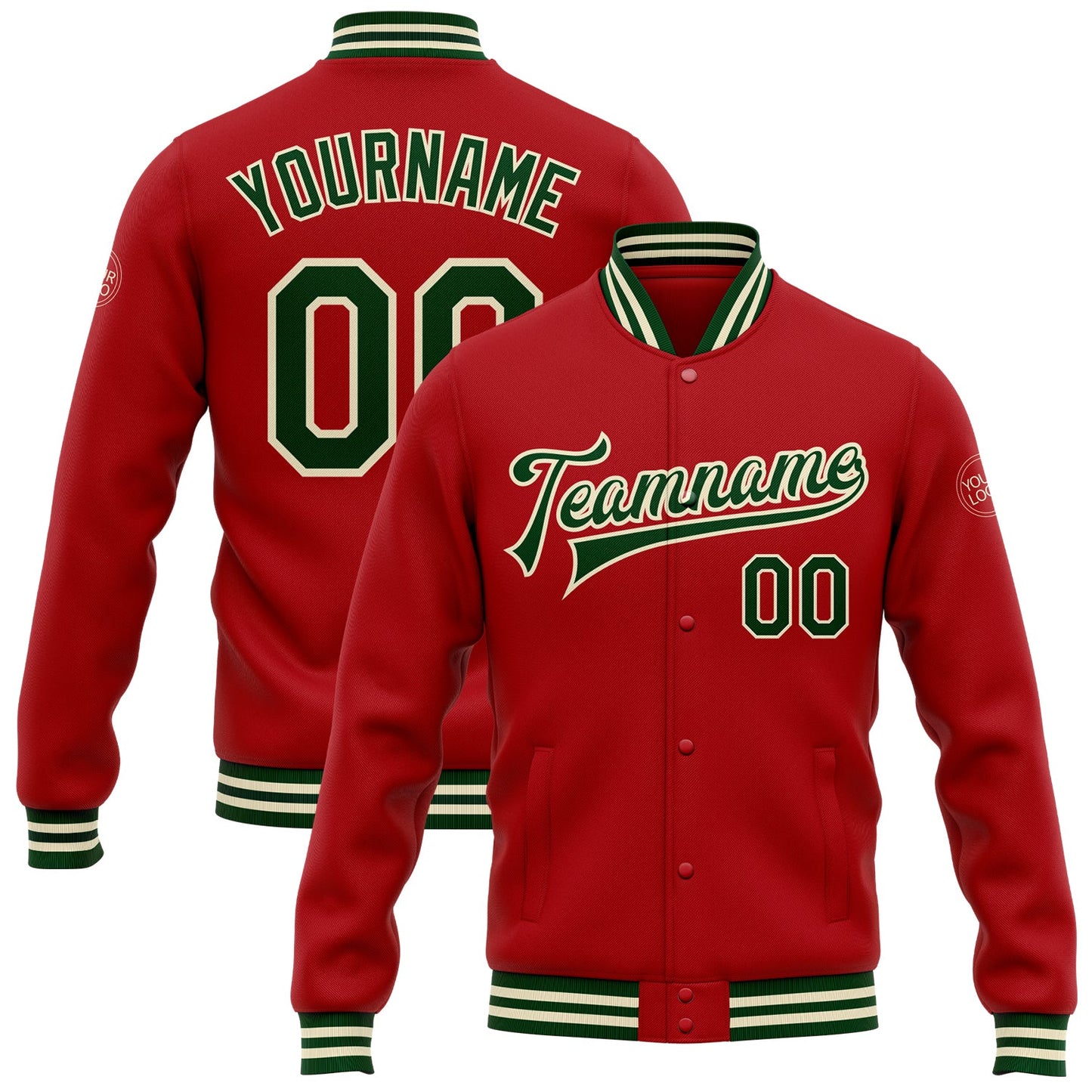 Custom Red Green-Cream Bomber Full-Snap Varsity Letterman Jacket - Main View