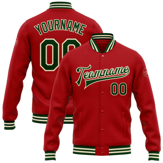 Custom Red Green-Cream Bomber Full-Snap Varsity Letterman Jacket - Main View
