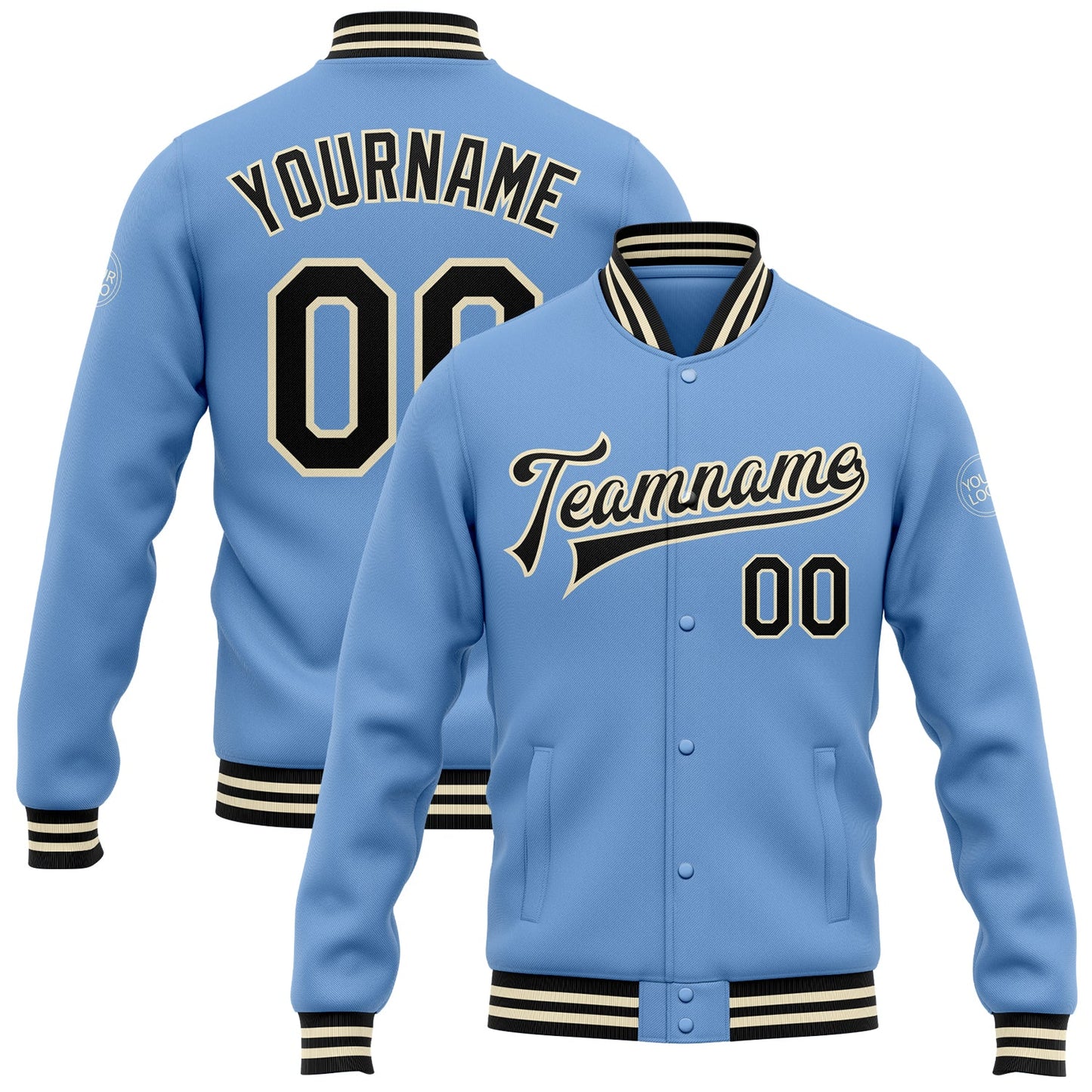 Custom Light Blue Black-Cream Bomber Full-Snap Varsity Letterman Jacket - Main View