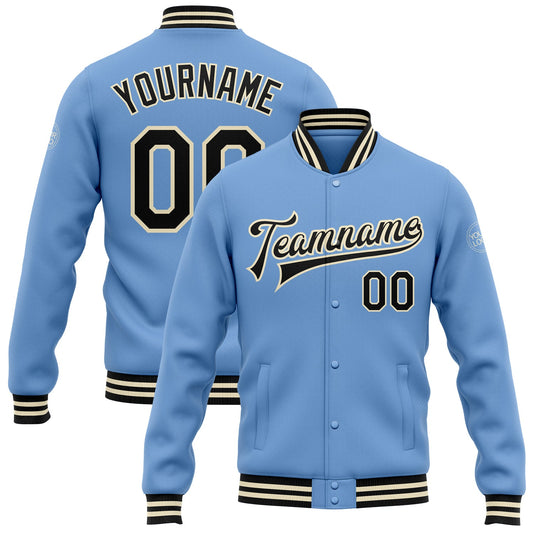 Custom Light Blue Black-Cream Bomber Full-Snap Varsity Letterman Jacket - Main View
