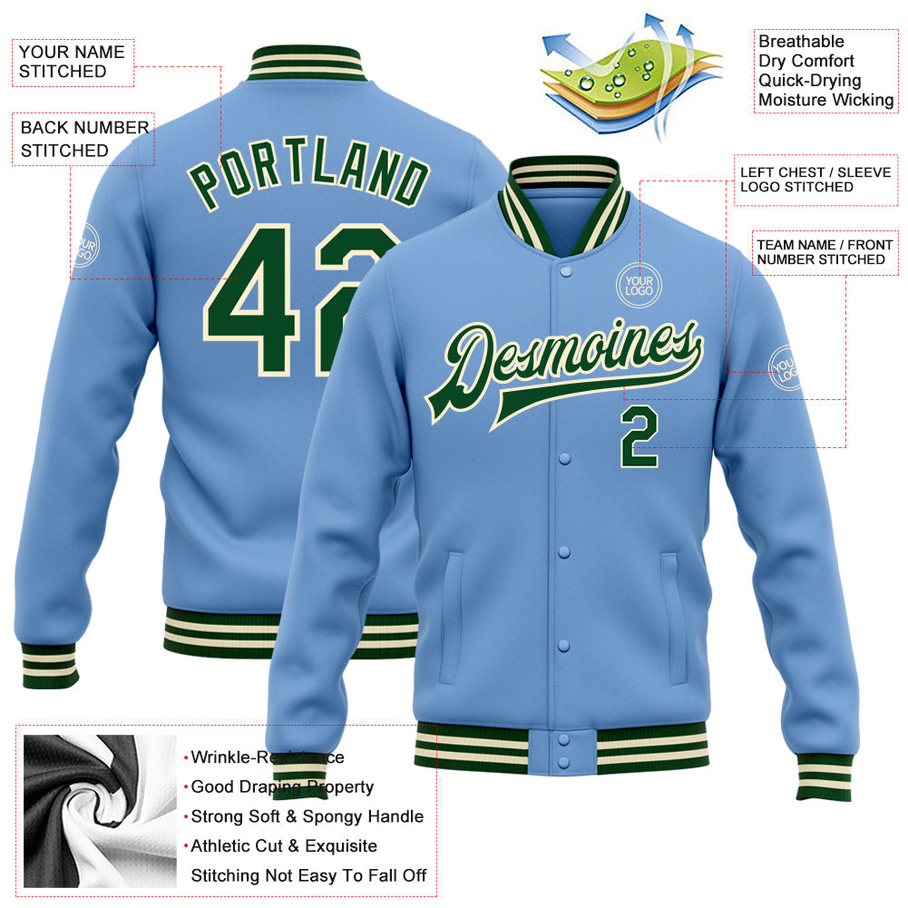 Custom Light Blue Green-Cream Bomber Full-Snap Varsity Letterman Jacket view 5