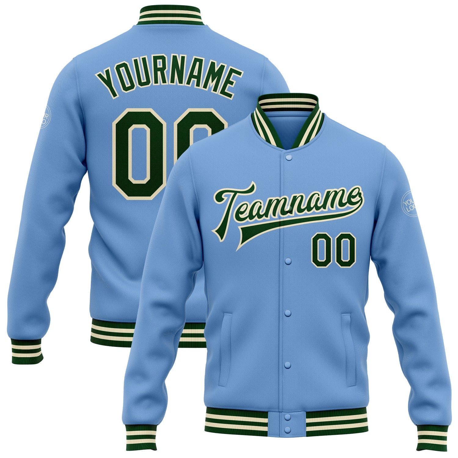 Custom Light Blue Green-Cream Bomber Full-Snap Varsity Letterman Jacket - Main View