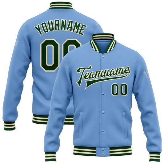 Custom Light Blue Green-Cream Bomber Full-Snap Varsity Letterman Jacket - Main View